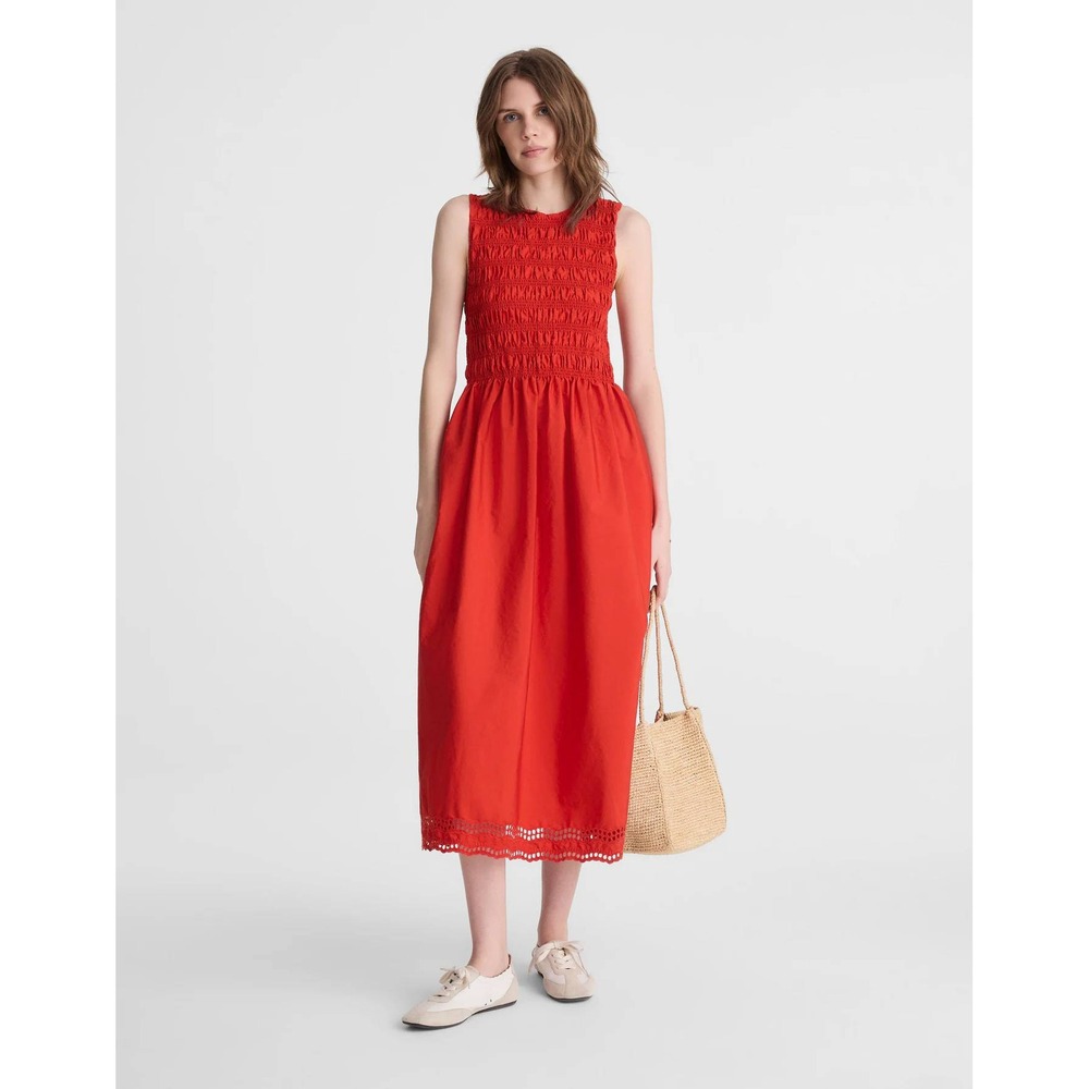 Madewell The Embroidered Melody Smocked Midi Dress Wild Poppy Red Small NWT